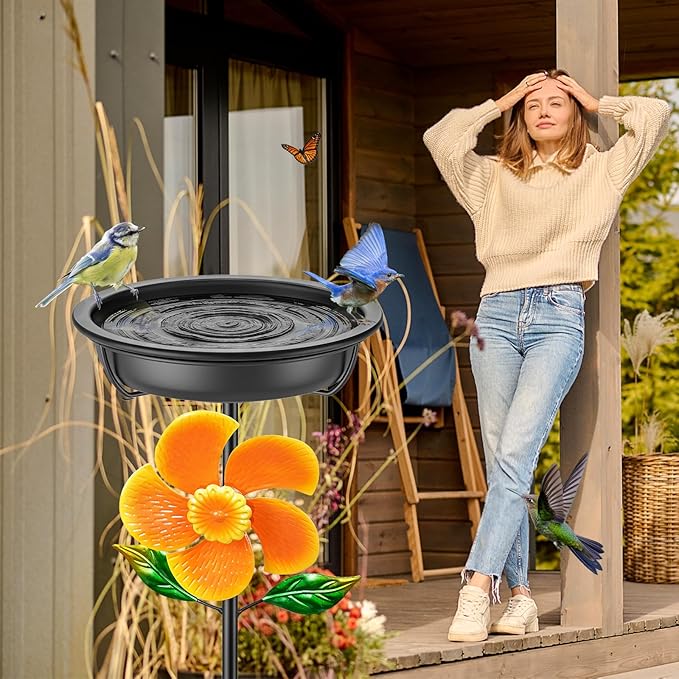 Metal Bird Bath for Outside Feeder Bowl, Detachable Birdbath & Birdfeeder with Base Stake, Vintage Birds Baths for Outdoors Garden Yard Lawn Decor (Black+Windmill)