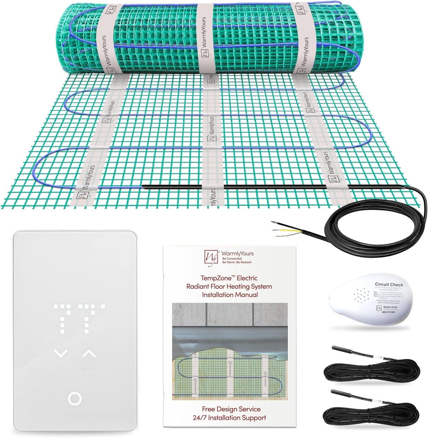 99 Sqft Heated Floor Mat Kit with Radiant Floor Heating System Thermostat UTN5, Two Sensors, Tester, 240V Electric Radiant Floor Heating Mat installs under Bathroom Tile, Vinyl - WarmlyYours TempZone