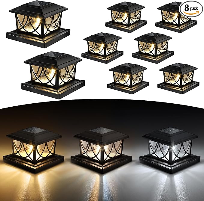 NIORSUN Solar Post Lights Outdoor, Fence Post Solar Lights with 3 Color Temps &2 Brightnesses, Edison LED Bulbs Fence Deck Decor, 4x4 Posts Caps, 4x4 &5x5 Vinyl, 4x4 &6x6 Wooden (8 Pack,Black)