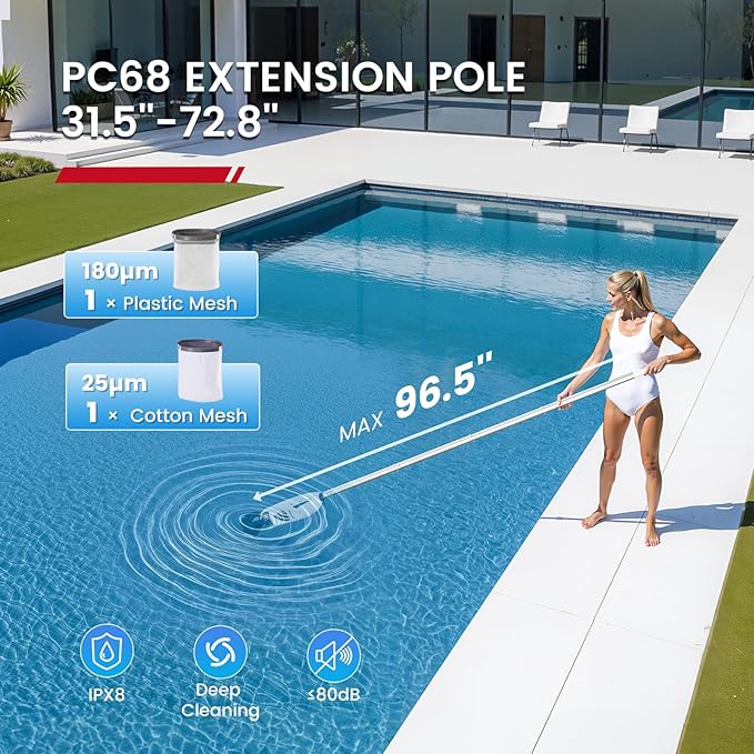 ENHULK Pool Vacuum for Above Ground Pool with 6' Extension Pole, Upgraded 26.5 GPM Powerful Suction, 1H Runtime, 2 Filters, Cordless Handheld Rechargeable Pool Cleaner for Above/Inground Pools, PC68