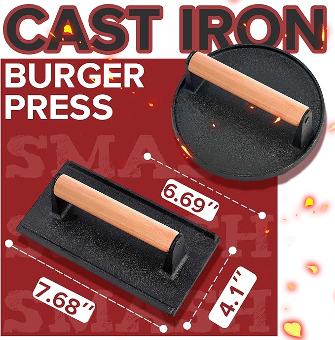 Grilliance 5pcs Smash Burger Press Kit, 3 in 1 Hamburger Press Patty Maker, Cast Iron Burger Press Round & Rectangle, 100pcs Wax Paper for Grill, Griddle, Flat top, Kitchen, Cooking