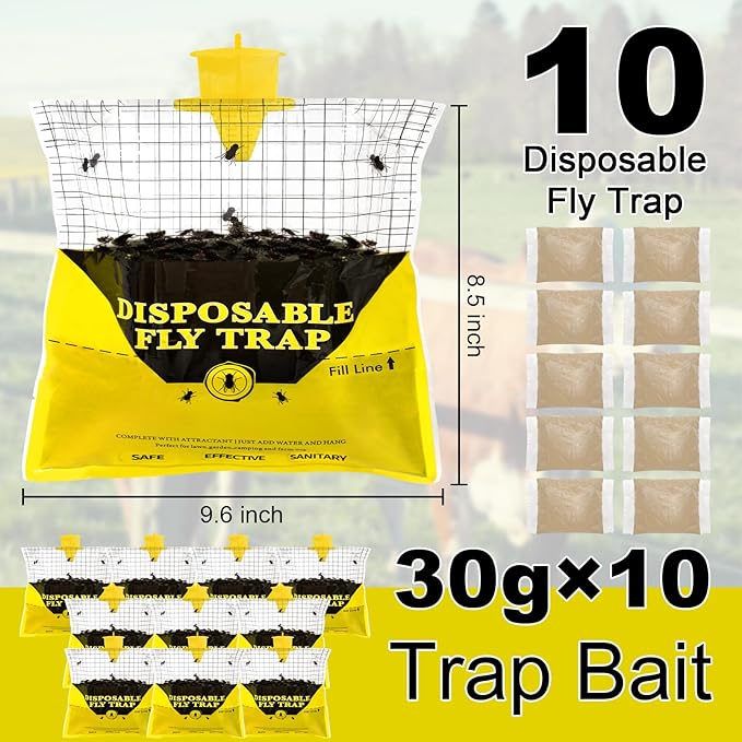 Glovv Fly Traps Outdoor Hanging with Fly Bait, 10 Pack Disposable Bags Hunter Ranch Trap, Flies Control Bug Catcher Killer Repellent for Stable Horse Barn & Farm