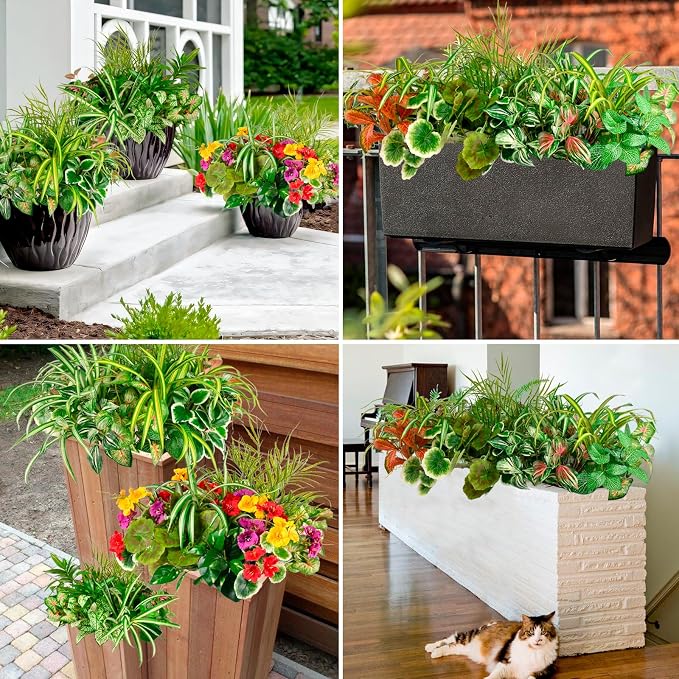 Artificial Plants Outdoor Greenery Stems, 20PCS Faux Greenery Bushes UV Resistant Plastic Shrubs with Real Touch Flexible Leaves, Fake Plants for Planter Garden Patio Porch Window Box Fence Yard Decor
