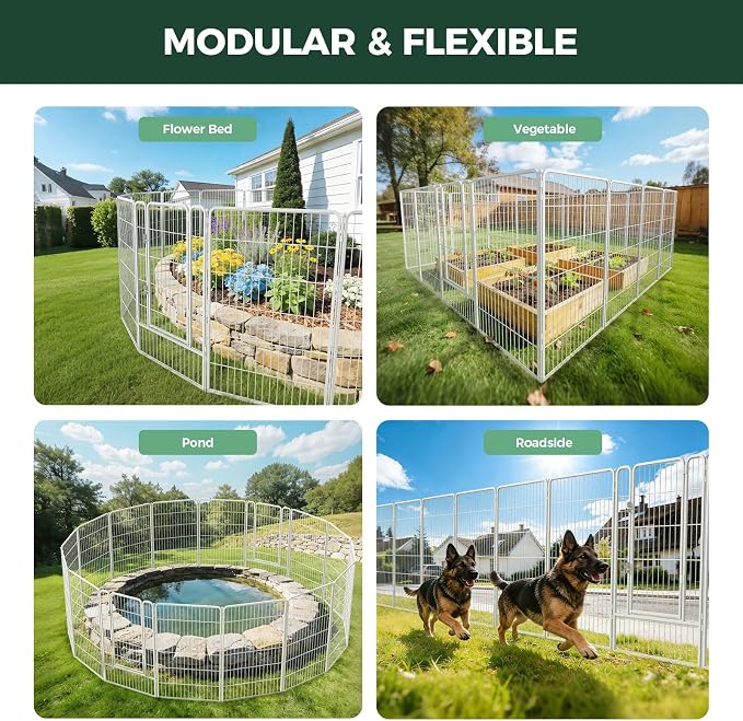 FXW Garden Fence Outdoor for the Yard – 45in(H) x 18.2ft(L) Heavy Duty Metal Animal Barrier for Dog, No Dig Decorative Dog Fence, 8 Panels, White