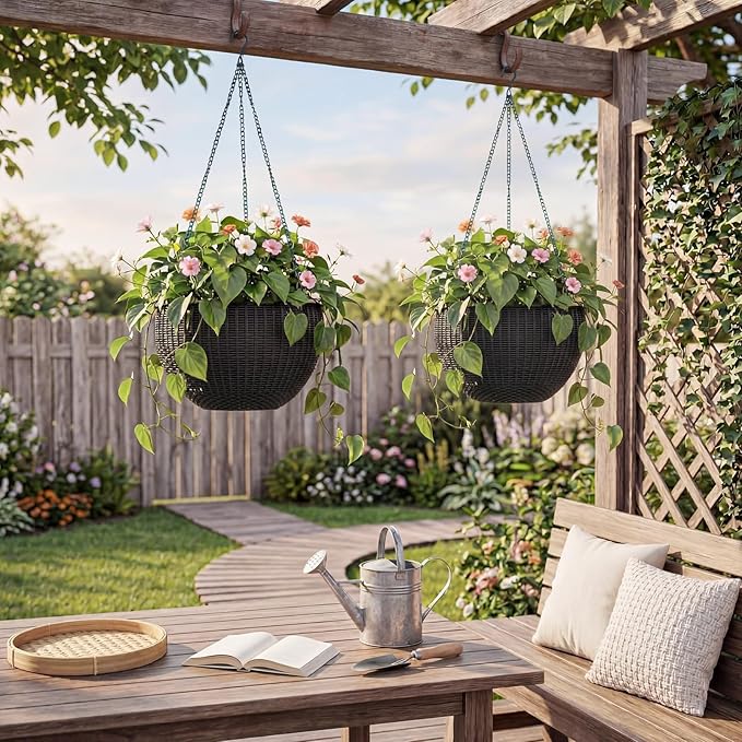 13.8 Inch Self Watering Hanging Planter, 2PCS Round Resin Hanging Basket for Indoor Outdoor Plants, Rattan Look Flower Pot with Drainage Plug, Deep Inner Pot and Sturdy Metal Triple-Chain Hanger