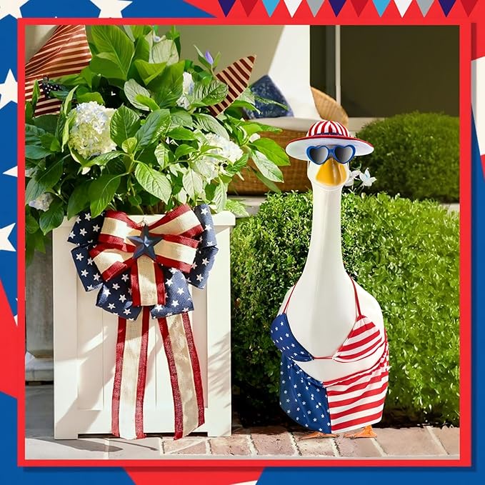 Patriotic Porch Goose Outfits for 23 Inch Lawn Statue, 4th of July Hawaiian Bikini Costume for Plastic/Cement Statue, Summer Sculpture Clothes for Garden Patio USA 250th Anniversary Decoration