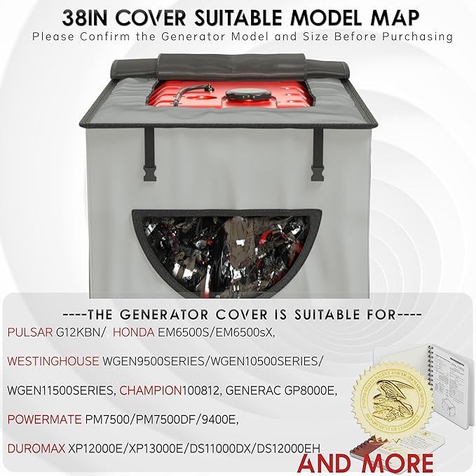 Generator Covers While Running, Generator Cover for Outside Heavy Duty Waterproof, 600+210D Double Layer Production,with Storage Bag, 38 "L x 28" W x 27 "H, for 12000W+ Frame Type Generators,Gray