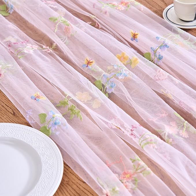 vctops 2 Packs Embroidery Lace Spring Table Runner 10ft Floral Garden Seasonal Tulle Table Runner Holiday Kitchen Dining Table Decoration for Wedding Party Baby Shower Birthday (Pink,30"x120")
