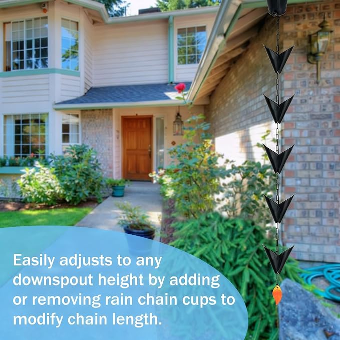 8.5FT Rain Chain for Gutters, Black Anti-Rust Iron Decorative Rain Chain for Outside, Leaf-Shaped Pieces Gutter Chain Replacement Downspout, Garden Water Catcher & Outdoor Garden Decor