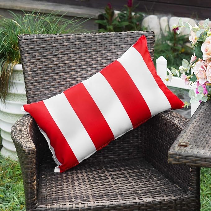 Western Home Pack of 2 Christmas Decorative Outdoor Solid Waterproof Striped Throw Pillow Covers Polyester Linen Garden Farmhouse Cushion Cases for Patio Tent Balcony Couch Sofa 12x20 inch Red