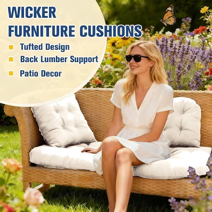 Patio Furniture Cushions Outdoor, Waterproof Wicker Chair Cushions Set of 3, 1 Loveseat & 2 Seat Pads, Thick Outdoor Replacement Cushions for Porch Lawn Bench Couch Sofa Swing, Beige