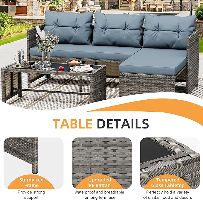 Shintenchi 3 Pieces Outdoor Patio Furniture Sets, Wicker Patio Conversation Sets, All Weather Wicker Rattan Patio Seating Sofas with Glass Coffee Table and Cushion, Blue-Gray