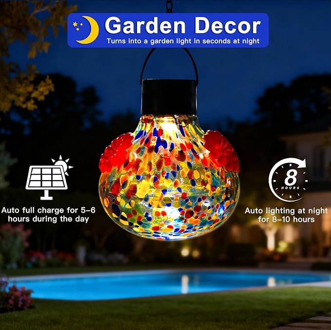 SAVENNA Hand Blown Glass Solar Hummingbird Feeder with Soft Night Light, 17oz Leak-Proof Decorative Feeder for Outdoor Garden Patio Yard – Multicolor