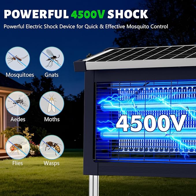 Solar Bug Zapper Outdoor 4500V, 2-in-1 Rechargeable Mosquito Zapper with Projection Light, IP66 Waterproof Cordless Electric Fly Zapper Indoor with Type-C Charging for Patio, Yard & Camping