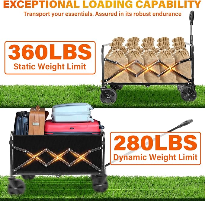 Wagons Carts Foldable, Collapsible Wagon with 360lbs Weight Capacity, Heavy Duty Folding Utility Garden Cart with All-Terrain & Drink Holders for Grocery, Camping, Sports, Shopping and Garden