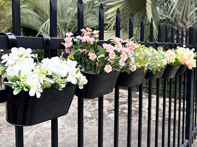 12" Balcony Railing Planters, Outdoor Hanging Planter for Fence, Stylish Metal Porch Deck Flower Pot for Herbs & Succulents (Black, Pack of 2)
