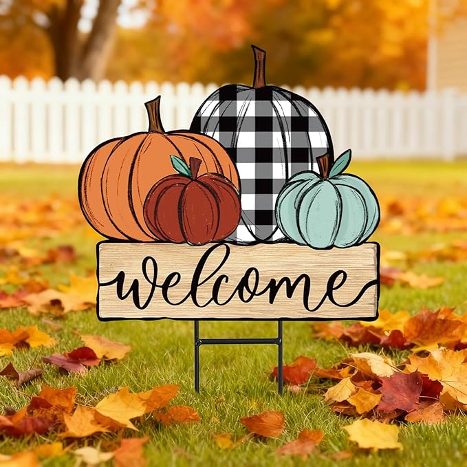 JarThenaAMCS Fall Pumpkin Metal Garden Stakes Farmhouse Rustic Pumpkin Decorative Lawn Sign Autumn Harvest Welcome Yard Sign for Thanksgiving Home Outside Lawn Porch Decor