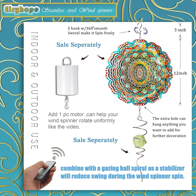 Mandala Wind Spinner - Lucky Star Design | 12-Inch Laser Cut Stainless Steel, Kinetic Hanging Wind Sculpture for Garden, Porch, Patio, Home | Outdoor 3D Metal Windcatcher & Yard Art