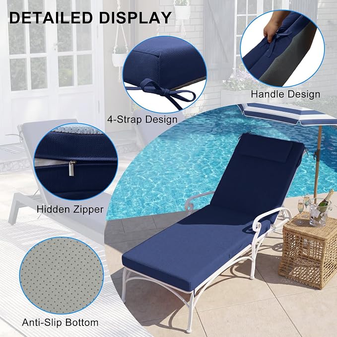 Outdoor Chaise Lounge Cushions, 72x21 Inch Olefin Water & Fade Resistant Pool Lounge Chair Cushions, Patio Sun Lounger Pad with Pillow & Straps for Patio, Pool, Deck, Lawn, Navy Blue