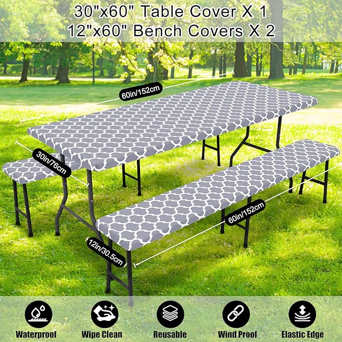 Smiry Picnic Table Cover with Bench Covers, Waterproof Elastic Fitted Tablecloth for 5 Foot Tables, Washable Polyester Tablecloths for Camping, Indoor & Outdoor (Grey, 30x60 Inch 3-pc Set)