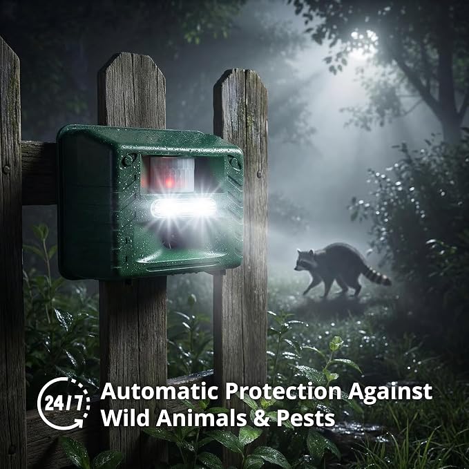 ASPECTEK Yard Sentinel Ultrasonic Animal Repeller with Strobe Light, 3 Mode Protection, Motion Sensor, Deterrent for Deer, Raccoons, Squirrels and Opossums AC and Battery Powered - 1 Pack