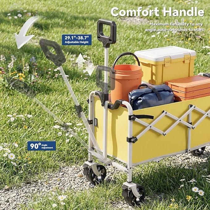 Collapsible Folding Wagon Cart, Heavy Duty Utility Wagons with Tailgate & Wheels,Portable Utility Cart for Camping,Garden,Beach,Sports Yellow