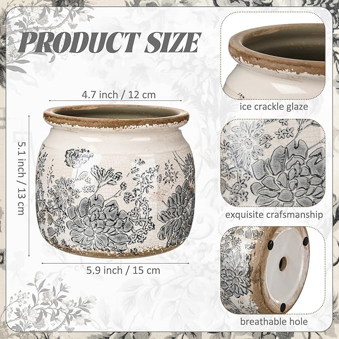 Vintage Planter Large Ceramic Plants Pot Grey Flower Crack Cottage Scroll Vase Flower Vase Pot Indoor Plants Home Kitchen Decor Farmhouse Antique Decorative Gift