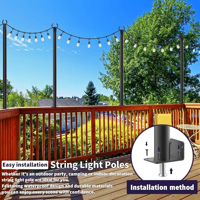 Mutovlin 8 Pack String Light Poles,5 Ft Light Poles for Outside String Lights,Outdoor Lights Pole with Fork,Metal Poles Stand for Patio Deck Backyard