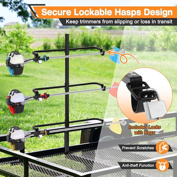 CAROD 3 Place Weed Eater Rack, Mount On Landscape Truck Trailer Enclosed Trimmer Rack Holder, Open and Enclosed Trailers Tool with Locks, Wall Mounted Lawn Equipment Accessories, Black