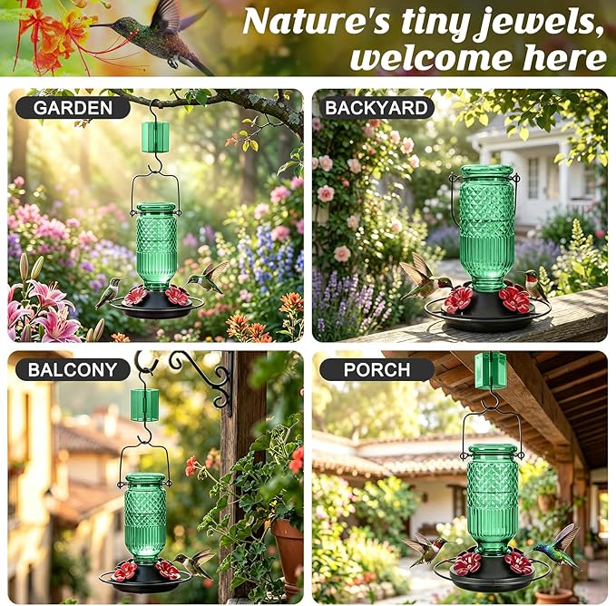 FEED GARDEN Glass Hummingbird Feeder 2 Pack, 16oz Leak-Proof with Ant Moat & Bee Guards, Easy Clean Wide Mouth, Metal Perches, Green Outdoor Hanging