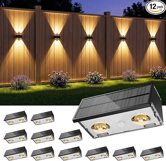 Bridika Solar Fence Lights, 12 Pack Up and Down Solar Lights Outdoor Waterproof, 8 Colors Lens LED Dusk to Dawn Wall Lights for Fence, Patio, Deck, Backyard, Garden