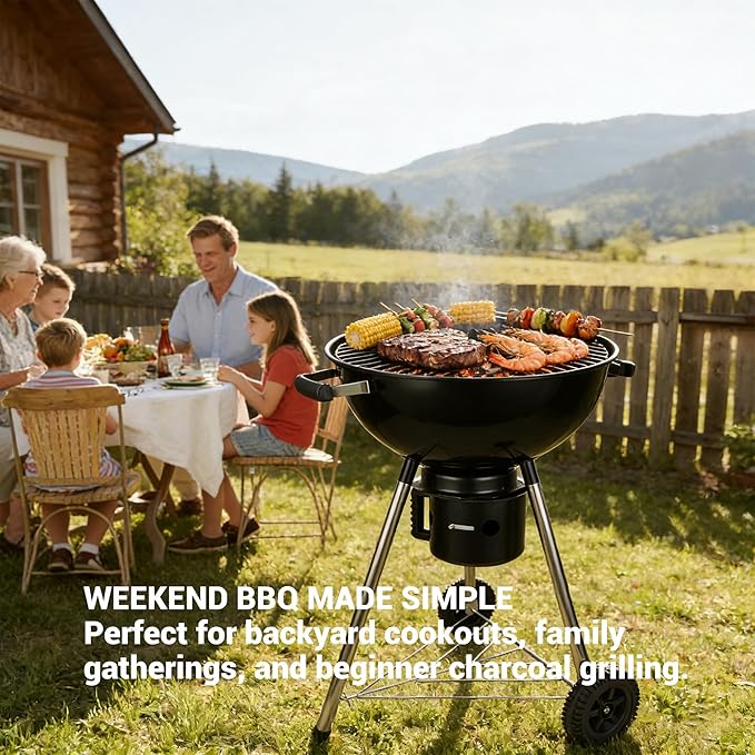 18-Inch Kettle Charcoal Grill with Cover & Wheels | Beginner-Friendly, For Backyard, Patio & Family Cookouts, Easy-to-Use, Ash Catcher