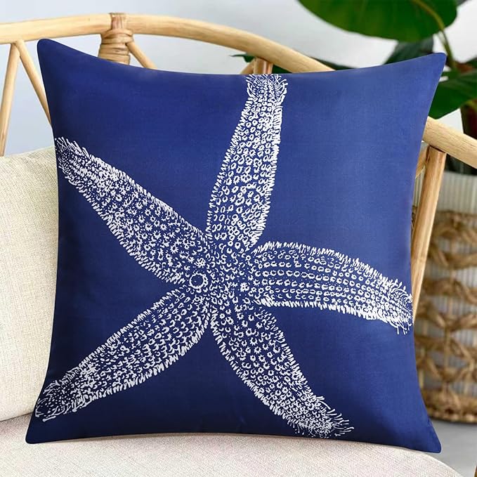 Adabana Spring Outdoor Waterproof Coastal Pillow Covers 18x18 Inch Set of 2 Nautical Starfish Coral Throw Pillow Covers Sunmmer Farmhouse Decorations for Beach Patio Sofa, Navy Blue