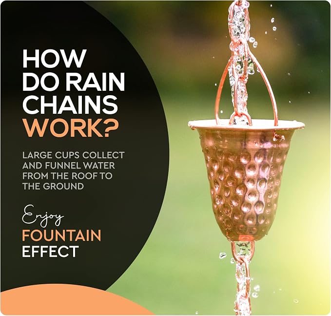 Copper Rain Chain – Decorative Chimes & Cups Replace Gutter Downspout & Divert Water Away from Home for Stunning Fountain Display – for Universal Fit