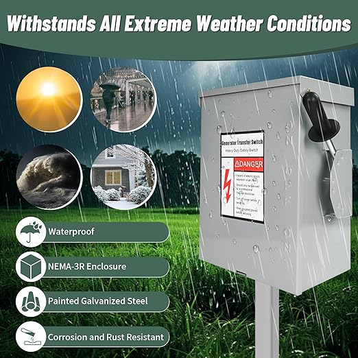 200-Amp, 3 Pole 120 V/240 V Generator Transfer Switch, 48,000 W Manual Transfer Switch for Home Generator, Meeting NEMA 3R Standards for Outdoor and Indoor General-Duty Double-Throw Safety Switches