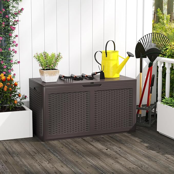 Moccha 100-Gallon Outdoor Storage Box - Waterproof Resin Deck Box with Lockable Lid & Wheels, Faux Rattan Outdoor Storage Bench for Pool Accessories, Garden Tool, Patio Furniture Cushion (Brown)