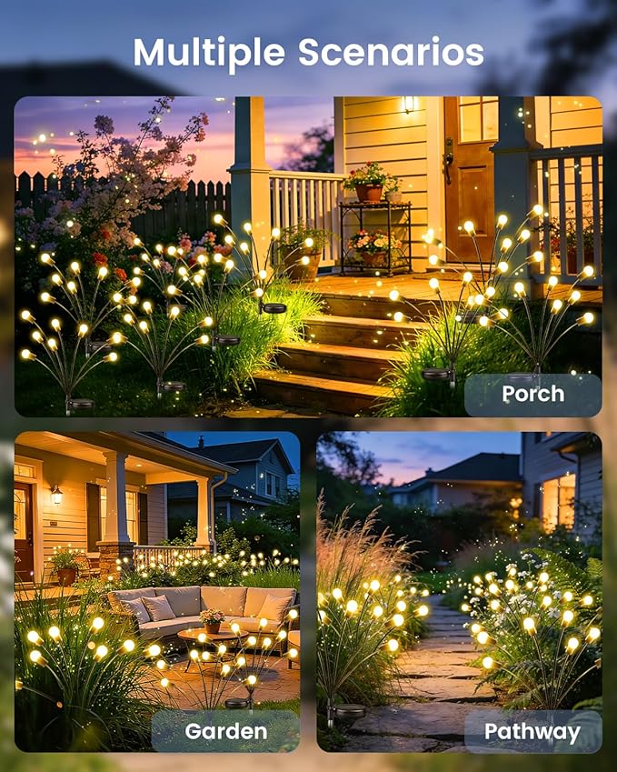 OZS 4 Pack Total 32 LED Solar Garden Lights Fairy Outdoor - Solar Firefly Lights Outdoor, Sway by Wind, Waterproof for Garden Patio Pathway Fairy Decoration (Warm White)