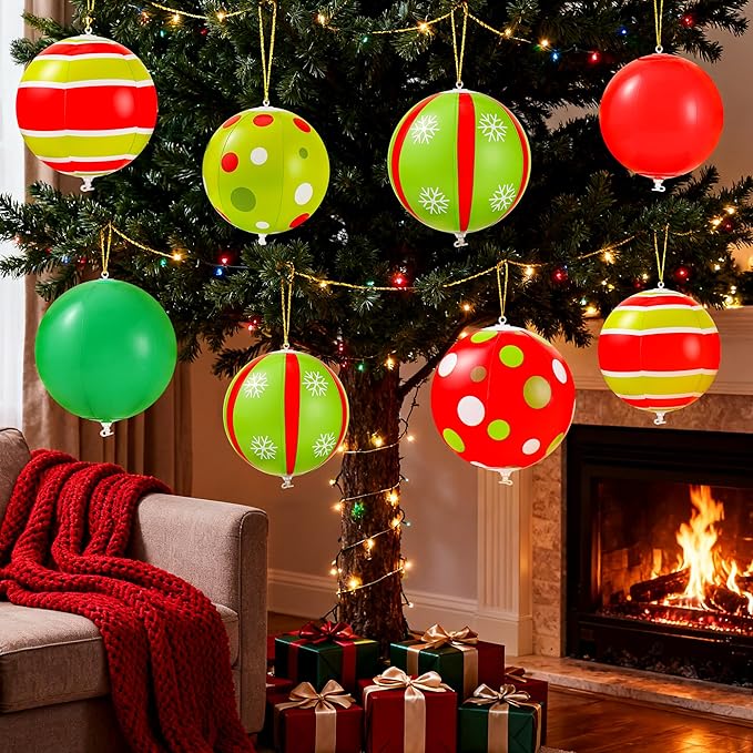 12 Pcs 7.5/9 Inch Large Christmas Inflatable Ball Outdoor Hanging Ornament Blow Up Xmas Inflatable Ornaments PVC Christmas Decoration Ball for Yard Lawns Porch Garden Front Door Holiday Decor