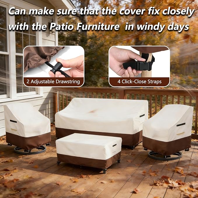 Patio Furniture Covers 4 Piece Set, 600D Heavy Duty Outdoor Furniture Covers Waterproof for Patio 3-Seater Sofa,Swivel Rocker Chair and Coffee Table Furniture Set,Beige & Brown