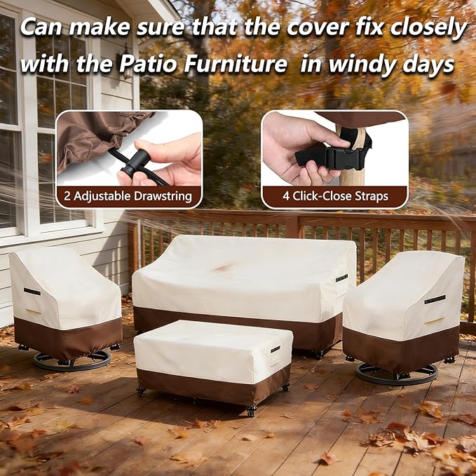 Patio Furniture Covers 4 Piece Set, 600D Heavy Duty Outdoor Furniture Covers Waterproof for Patio Loveseat,Swivel Rocker Chair and Coffee Table Furniture Set,Beige & Brown