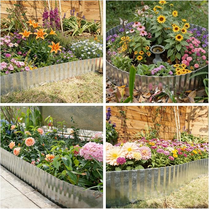 A ANLEOLIFE 20FT Galvanized Steel Landscape Edging Roll, 4" Tall Sturdy Flexible Corrugated Metal Lawn Border for Garden, Pathway & Flower Beds, Silver