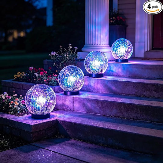 4 Pack 4.72" Multicolor Solar Powered Cracked Glass Ball Lights Outdoor Waterproof RGB Ambiance Orbs Lamps for Outside Garden, Patio, Table, Walkway, Stairs, Lawn, Landscape Decor with Durable Stakes