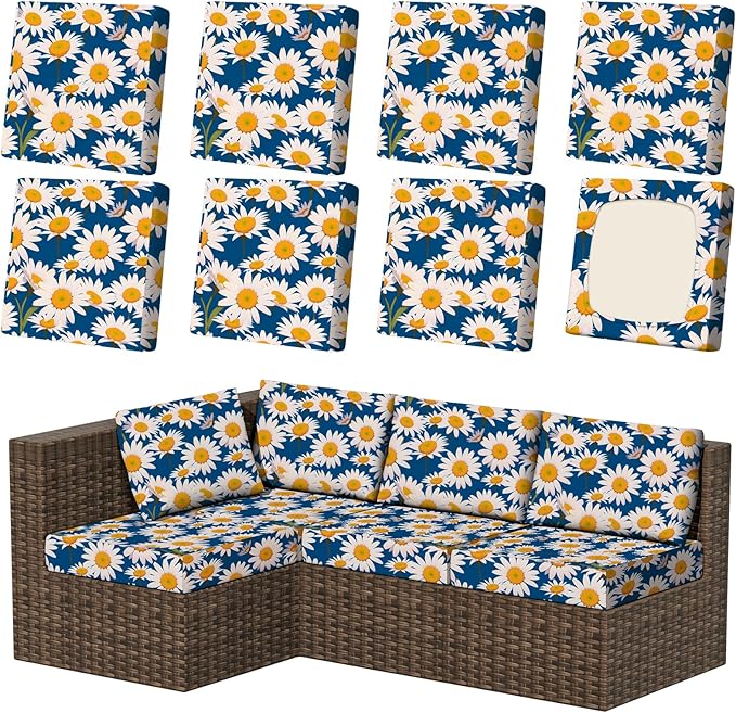 8Pcs Patio Stretch Cushion Covers, Outdoor Couch & Sofa Replacement Slipcovers for Patio Furniture Cushion Covers, Washable Reusable Furniture Protector, Square Large, Daisy Flower