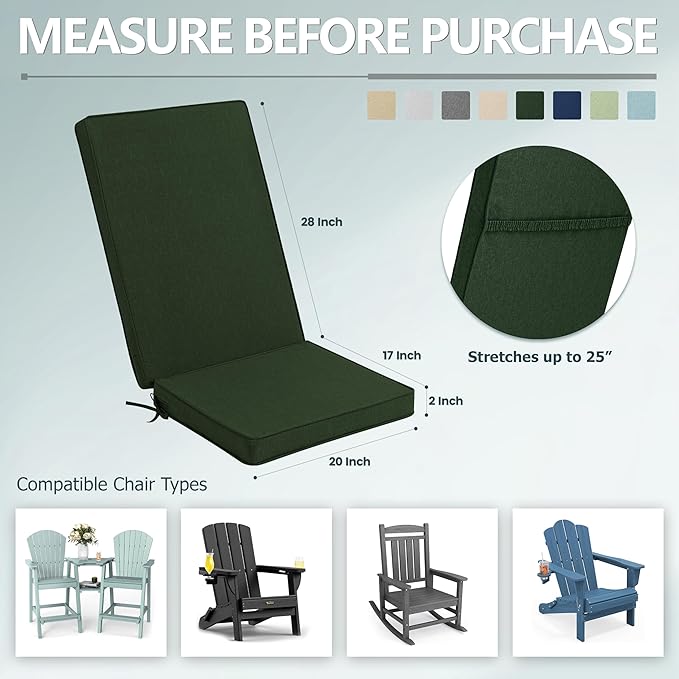 Adirondack Chair Cushions Set of 2 - Removable Covers, Water-Repellent & Fade-Resistant Faux Linen, Securing Straps, Non-Slip Bottom, Fit for Most Outdoor Adirondack & Rocking Chairs - Olive Green