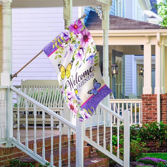 Texupday Welcome Friends Floral Blooms Butterfly Decoration Seasonal Spring Summer House Flag Outdoor Yard Flag 28" x 40"