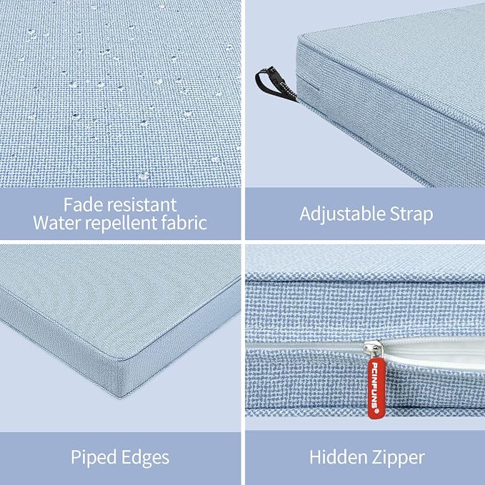 Patio Chair Cushions 19x19 Inch, Water Repellent Outdoor Seat Cushions with Adjustable Straps, Fade Resistant Replacement Cushions for Garden Deck Sofa Couch, Set of 2, Light Blue