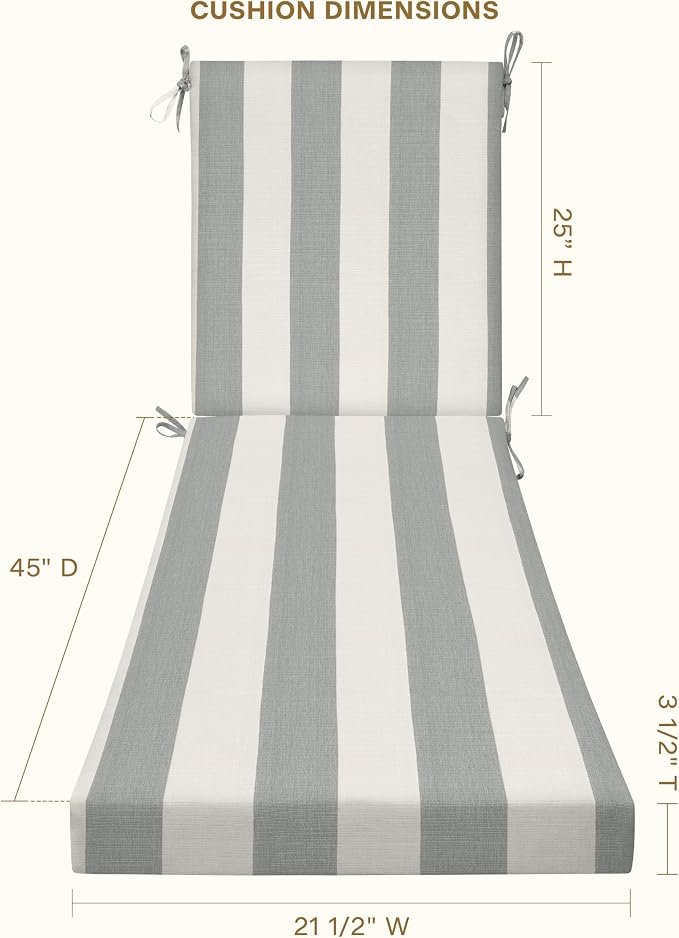 Honeycomb Outdoor Chaise Lounge Cushion for Patio Furniture, Water & Fade Resistant, Removable Cover, 21.5 x 70, Heritage Cabana Stripe Stone Grey