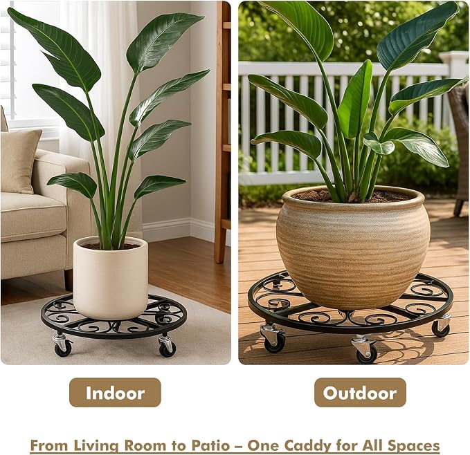 4 Pack Plant Caddy with Wheels 18 Inch Rolling Plant Stand for Large Plants Heavy Duty Plant Rollers Metal Plant Dolly Rustproof Planter Stand Wrought Iron Plant Stands Flower Cart Outdoor