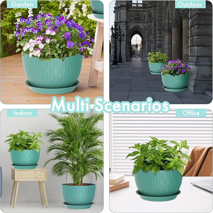 WSMKSZ 12 Inch Large Plant Pots for Indoor or Outdoor Plants, Wide Water Ripples Flower Pots with Drainage Holes & Saucer, Plastic Planters Set for Garden & Home Decor (Blue Green)