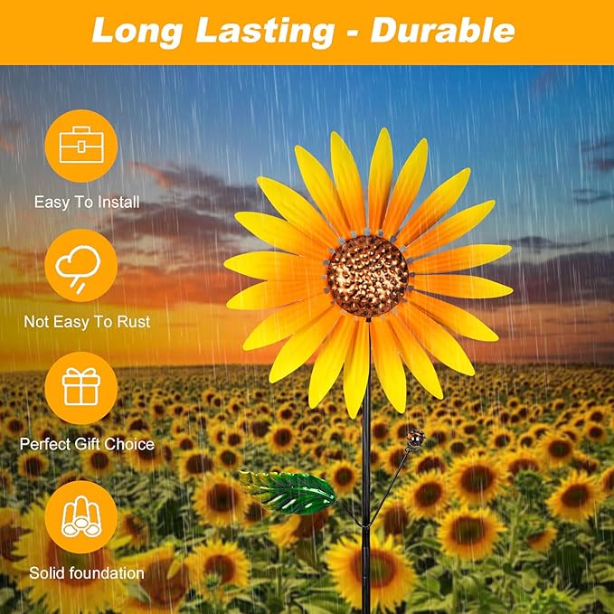 2 Packs Wind Spinners Outdoor, Sunflower Decor Windmill for Yard, Pinwheels, Wind Spinners for Yard Garden, Outdoor Metal Wind Spinner Lawn Decor